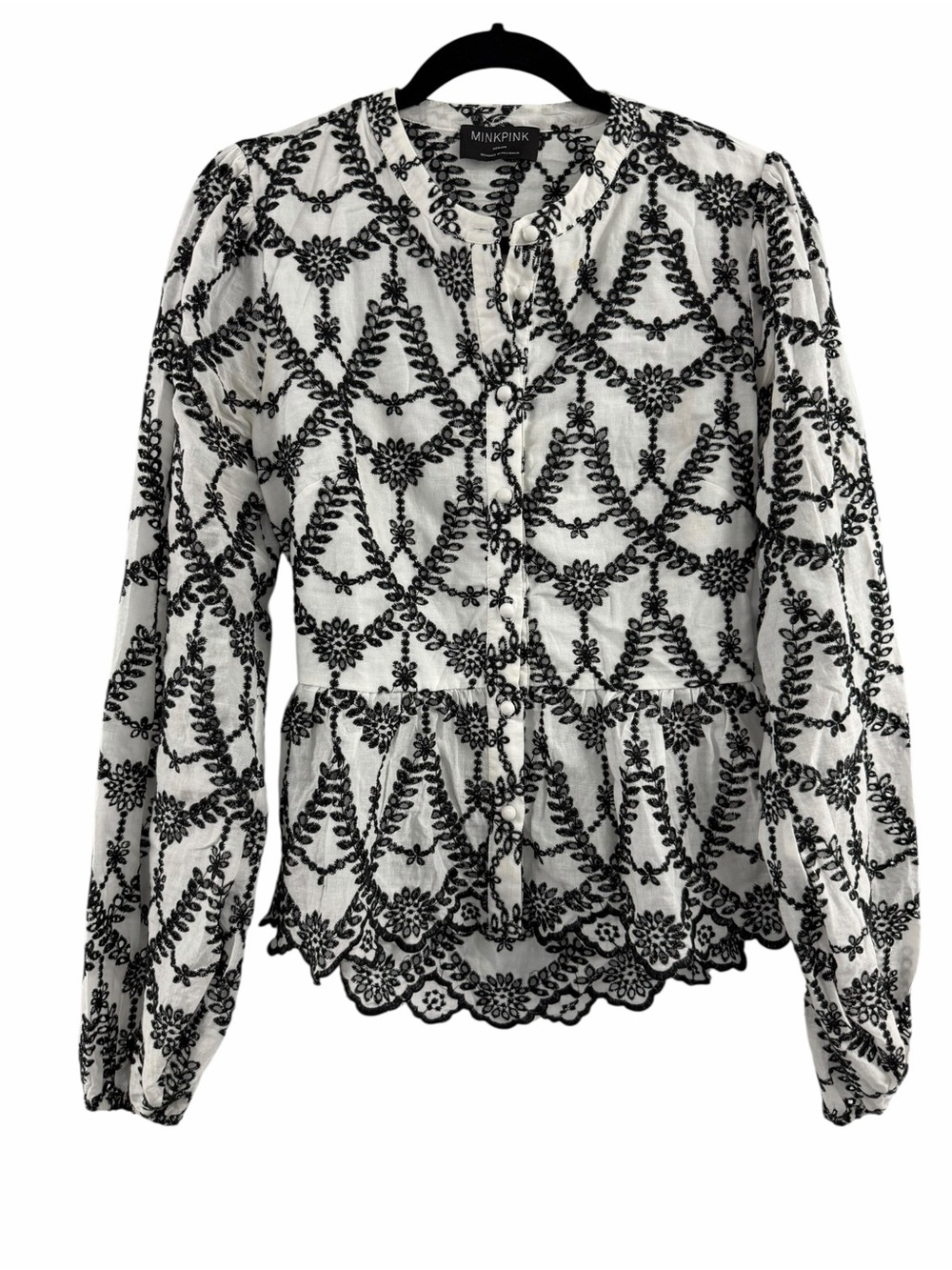 MINKPINK Women's Black & White Embroidered Peplum Blouse with open back